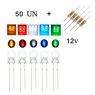 Kit 50 Peças Led 5mm + Resistores 12v 470 ohms Leds de Alto Brilho 5 Cores 10x Vermelho Azul Verde Branco Amarelo Arduíno Eletrônica