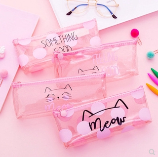 1pcs Cute Pink Transparent Cat Pencil Case Simple Storage Pencil Case Stationery Bag School Office Stationery