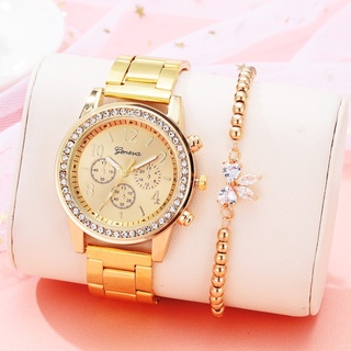 Relógio feminino com pulseira de aço e diamante + conjunto de pulseira borboleta moda feminina XR2634