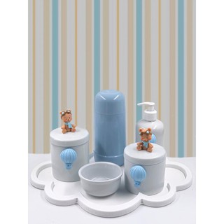 Kit Higiene Bebê Porcelana Ursinho Baloeiro Garrafa Azul ou Branca 250ml