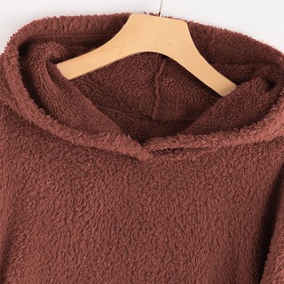 [BGK✯] Women Fleece Patchwork Plush Button Hem Plus Size Hoodie Top Sweater Blouse (7)