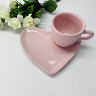 Xicara de café com pires de coração 100ml (rosa) (1)