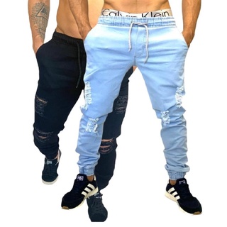 calça masculina Jeans jogger clara rasgada e lisa e sarja kit com 2 peças Preta Clara Escura Camuflada