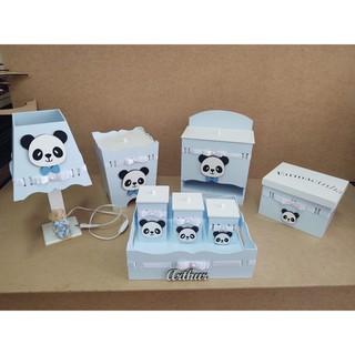 Kit Higiene Bebe 08 Peças Personalizado Tema Urso Panda Cor Azul Bebe Com Branco Personalizado. (1)