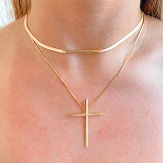 Colar corrente Crucifixo Cruz Feminino Ouro 18k + Choker Fio Liso laminado metalizado Dourado