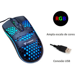 Mouse Game USB Colmeia LED RGB Jogos Preto Colorido DPI