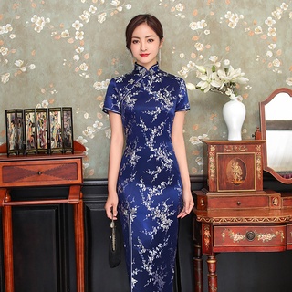 Azul Marinho Chinês Tradicional Cheongsam Frente Dividir Vintage Plus Size Vestidos Mulheres De Cetim Vestido Longo Ameixa Qipao (1)