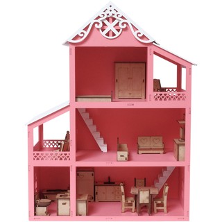 Casa Casinha Boneca Polly MDF Pintada + Kit 32 Mini Móveis Montada - Rosa