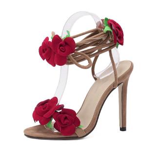 Ielgy Sandálias Rosa Vermelha Flor Das Mulheres Cruz Lace Up Sapatos De Salto Alto Das Mulheres Tamanho Grande (1)