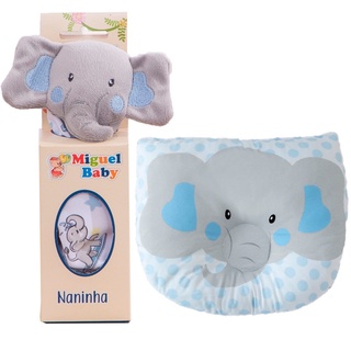 Kit Naninha + 1 Travesseiro Anatômico Elefantinho Azul Claro