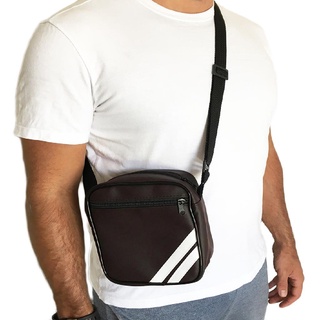 Pochete De Ombro Lateral com Riscas Masculina Mini Bag Bolsa Preta C/ Bolso