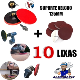 Kit Suporte Velcro para Esmerilhadeira, Furadeira e Boina 125mm 5'' + 10 Lixas Velcro