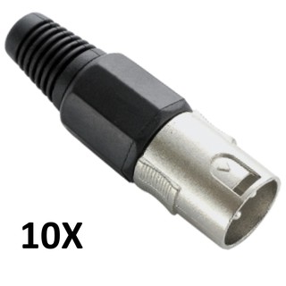 10X Conector Plug XLR Canon Macho Corpo Preto (Pacote c/ 10 Unidades)