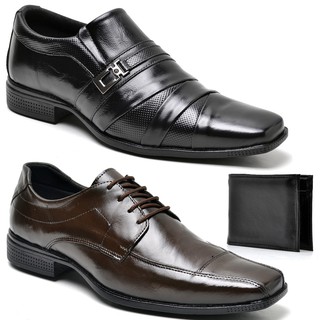 kit 2 pares sapato social masculino de couro legitimo + carteira de couro (1)
