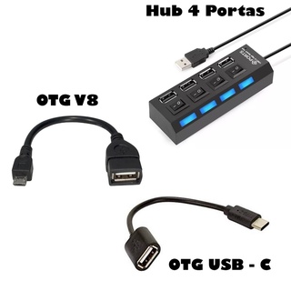 Usb Hub 4 Portas + Otg Tipo C Usb C + Otg V8 Micro Usb Adaptador Celular Impressora Computador Mouse Teclado Pen Drive