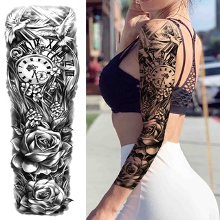 3D Clock Flower Full Arm Temporary Tattoos For Women Men Black Soldier Warrior Tattoo Temporary Sticker Sleeve Fake Tatoos Decal