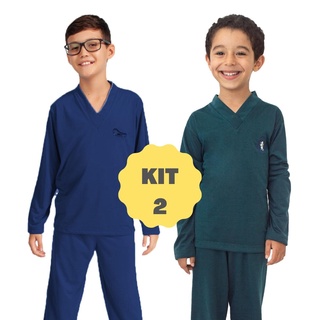 Kit 2 Pijama Infantil Menino Longo Manga Longa Calça Masculino Liso de Frio 040LI (6)