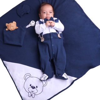 Saida Maternidade Menino Azul Marinho Suspensórios luxo com naninha 100% algodão (8)