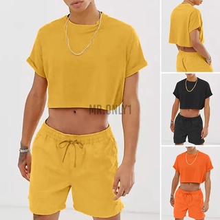 MR Men 3 Colors Summer Short Sleeve Cropped T-Shirt+Short Pant Fashion Clothing Set