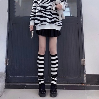 Harajuku Striped Knit Long Socks Japanese Boot Stockings Women Punk Knee High Elastic Leg Warmers Gothic Hip-hop Lolita Socks (4)