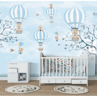 Papel de Parede Infantil Urso Balões Azul Soft Baby Quarto de Menino Personalizado