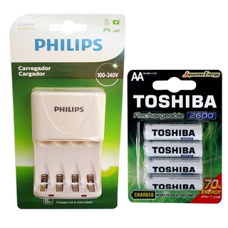 Carregador Philips com 4 Pilhas Aa 2600 mAh Toshiba Recarregáveis RTU Bivolt Inmetro