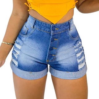 Bermuda Short Feminino Jeans Sem Lycra Hot Pant Botões Cobertos Destroyed
