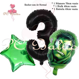 it Balão Metalizado 1 hulk 40cm + Número 70cm PRETO + 1 Estrela 45cm VERDE Festa