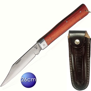 Canivete Trevo Churrasqueiro 26 cm, Aço Inox Profissional, Cabo de Madeira e Bainha em Couro Legítimo Feita a Mão