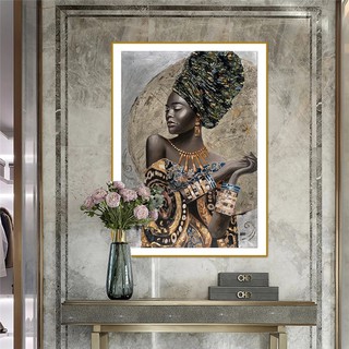 Quadro decorativo 1 peça 60x40 Mulher negra africana graffiti arte detalhes dourado ouro para quarto sala hall