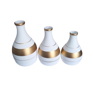 Conjunto Kit Trio Vasos Ceramica Enfeite Decorativo Centro De Mesa Sala Branco com Dourado