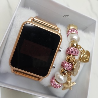 Relógio Feminino Digital Led Quadrado Dourado e Rose breto prata Moda Blogueira 2021 Kit presente