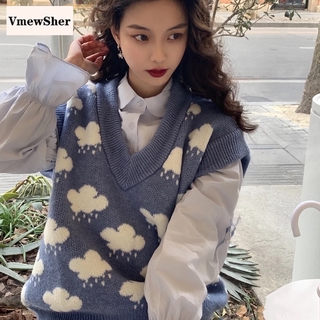VmewSher New Spring Cloud Pattern Blue Women Vest Fashion V Neck Sleeveless Sweater Autumn Knitted Pullover Jumper Tops