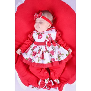 Saída de Maternidade Para Bebe Menina Salmão Charmosa 05 peças Vermelha Floral Roupas para Bebê