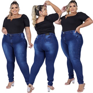 Calca Jeans manchada Feminina Plus Size Cintura Alta Com Lycra elastano