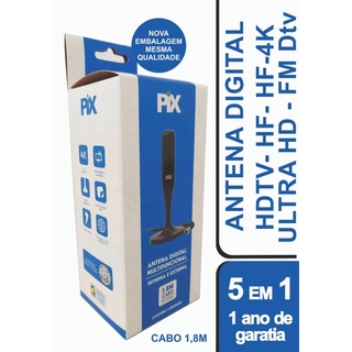 Antena Digital e Analógico Pix 4K Interna e Externa HD Cabo 1.8 Metros Multfuncional