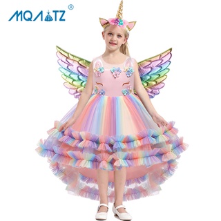 MQATZ 2023 Vestido De Natal Colorido Para Crianças Unicórnio Bebê Menina Fantasia Cosplay Festa Flor Princesa Vestidos De Aniversário Roupas De Faixa De Cabeça Asas 3pcs (1)