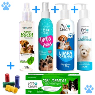 Kit Higiene Completo: Limpa Lágrimas + Ouvidos + Patas + Spray Bucal Menta + Gel Dental Menta + Escova De Dente Dedeira para Cachorro e Gato Pet Clean