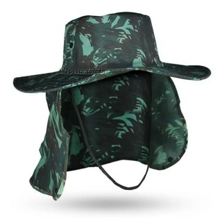 Chapéu camuflado com proteção para trilha, pesca ou trabalho.