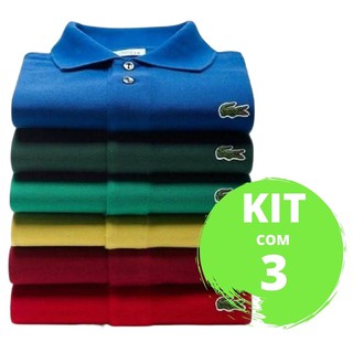 Kit com 3 camisas gola polo Lacoste logo bordado cores sortidas