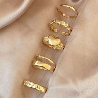 Conjunto 5 Peças Anel Feminino Simples Ajustável Em Formato De Coração | 5pcs/set Heart Shaped Ring Set Adjustable Simple Design Women Jewelry Fashion Accessories (6)