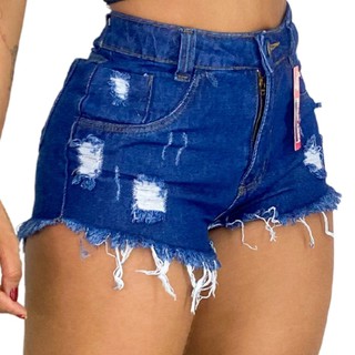 Short Destroyed Escuro Bermuda Jeans Feminino Cintura Alta Hot Pants