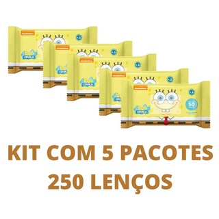 KIT COM 5 PACOTES de Toalhas Umedecidas Bob Esponja com 250 lenços total.