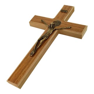 Crucifixo Madeira e Cruz Metal Medalha São Bento 23 cm de Parede