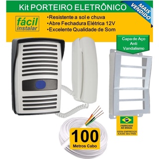 Kit Interfone Porteiro Eletrônico Residencial + 100mts Cabo + Proteção de Aço