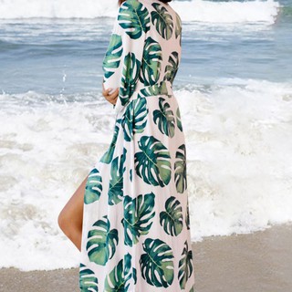 Mulheres Férias Swimsuit Cover Up Verde Folhas Tropicais Aberto Frente Kimono Cardigan Com Cinto Irregular Curvo Hem Praia De Banho Robe