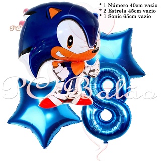 Kit 4 Balão Metalizado 1 Sonic 65cm + Número 40cm + 2 Estrela 45cm AZUL ROYAL