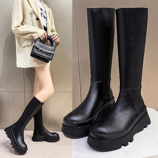Women's Knee Boots Retro Solid Color Round Toe Platform High Boots (1)