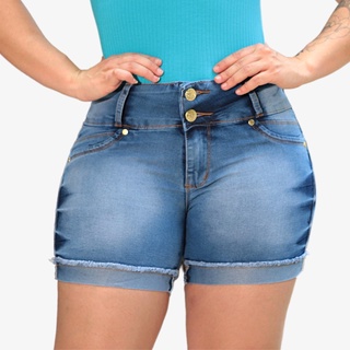 Promoção Shorts Feminino Jeans Hot Pants Cintura Alta Meia Coxa Lycra Blogueira