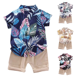 Conjunto Infantil Meninos Camisa De Abotoar De Lapela De Manga Curta Casual Verão + Bermudas 1-5 Anos